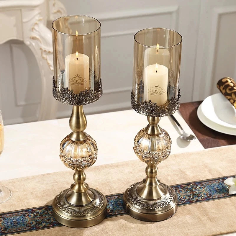 Luxury European Filigree Metal & Glass Hurricane Candle Holder Stand