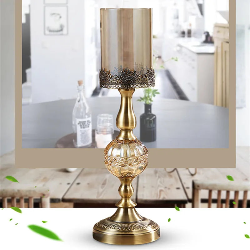 Luxury European Filigree Metal & Glass Hurricane Candle Holder Stand