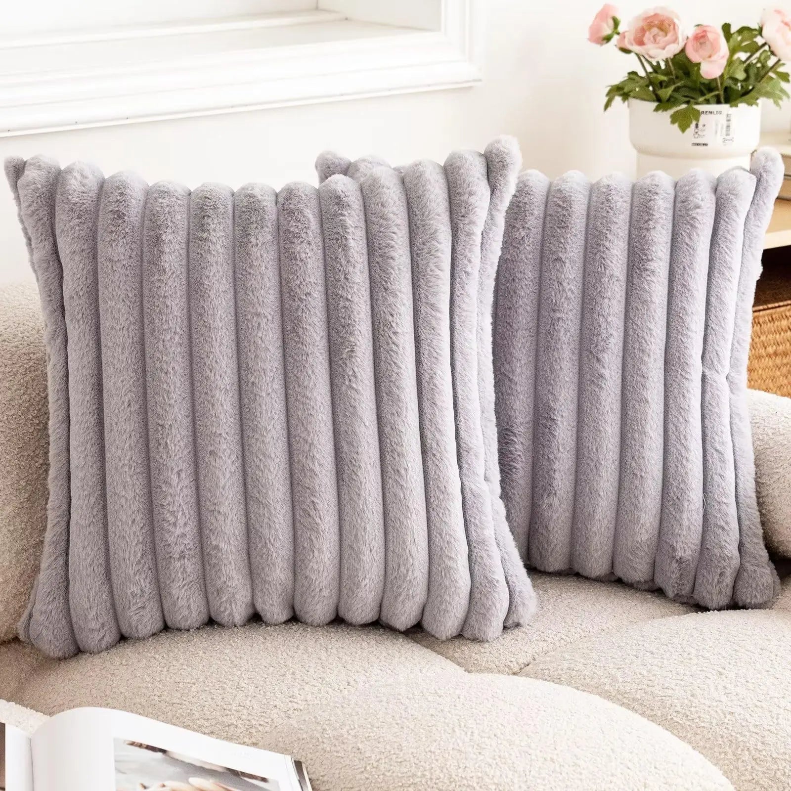 Thick Striped Faux Fur Cushion Cover