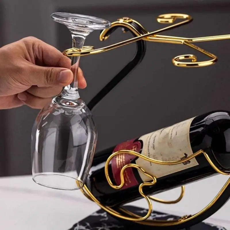Luxury Wrought Iron Wine Bottle & Glass Holder with Marble Base