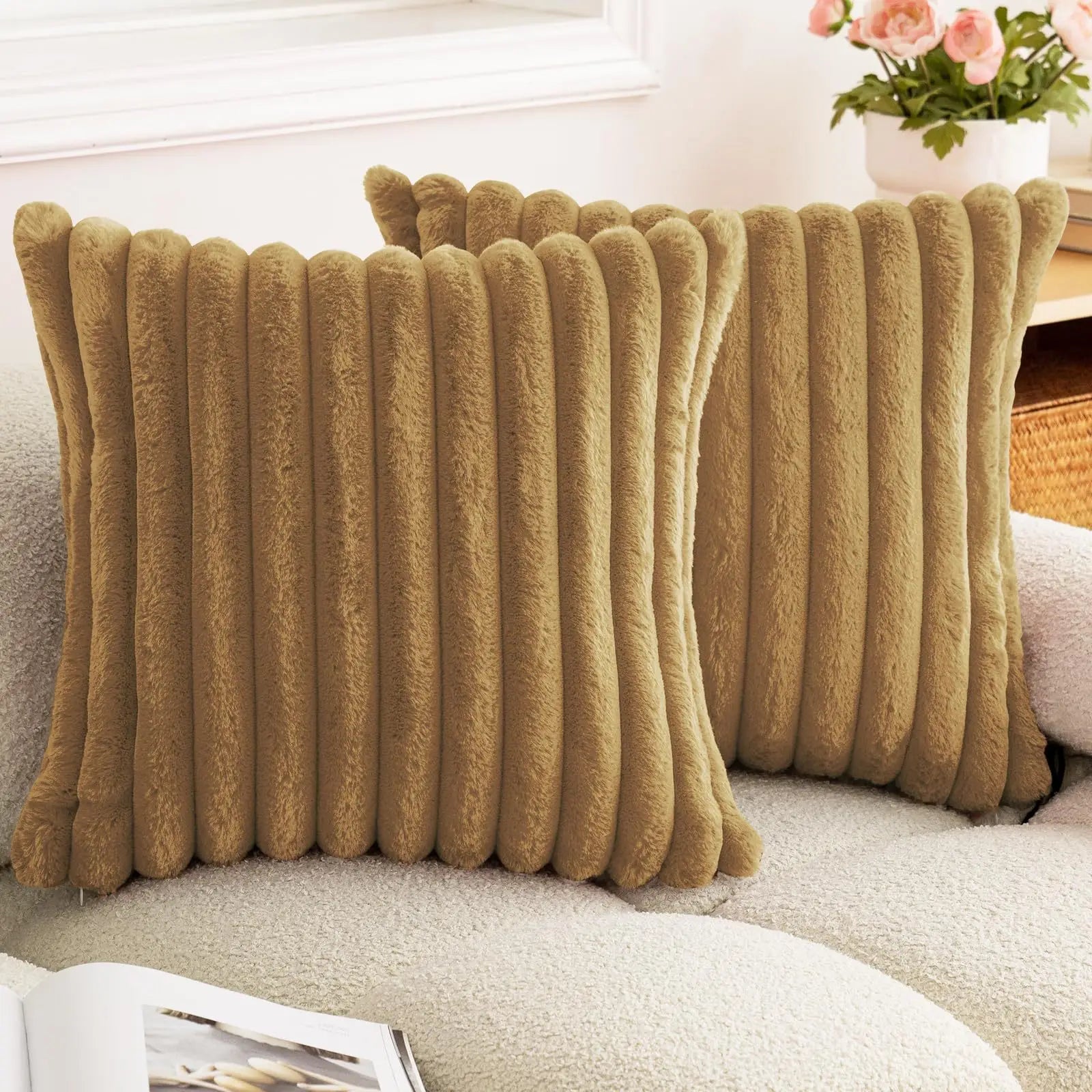 Thick Striped Faux Fur Cushion Cover